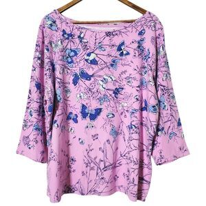 Talbots Tee  Shirt Top 3X Purple Butterflies Pullover 3/4 Sleeve Cotton Womens